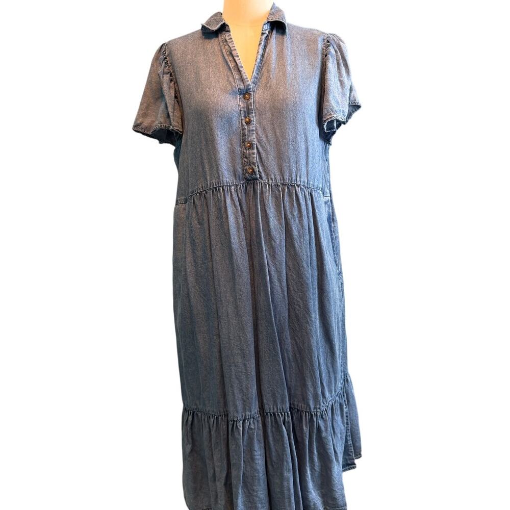 Jane & Delancey Denim Tiered Midi Dress Short Sleeve Boho Ruffle Blue Size 1X